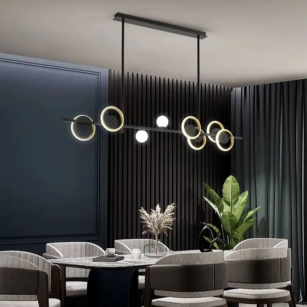 Удлиненная черная люстра со светодиодными латунными кольцами 140 см | Ст. NO 5-1400 | Line F - фото 3