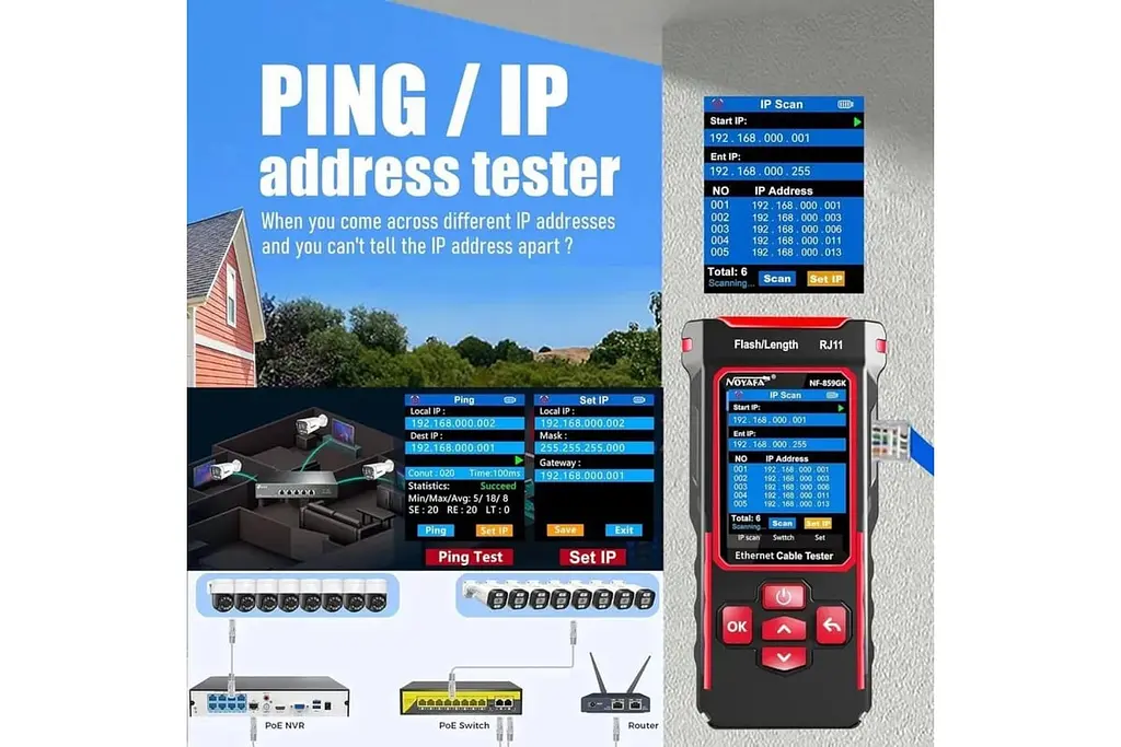 Багатофункціональний кабельний тестер Noyafa NF-859GK PoE тестер вітой пари, Wiremap, SCAN, NCV, QC, VFL, PING, IP-scan, RJ45 (19805) - фото 8
