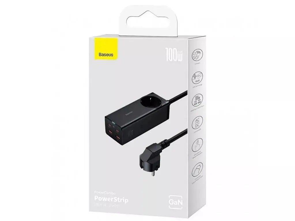 Мережевий зарядний пристрій Baseus GaN3 Pro Desktop Powerstrip AC+2U+2C 100W EU Black With Mini White Cable Type-C to Type-C 100W, 20V/5A, 1 м Black） - фото 8
