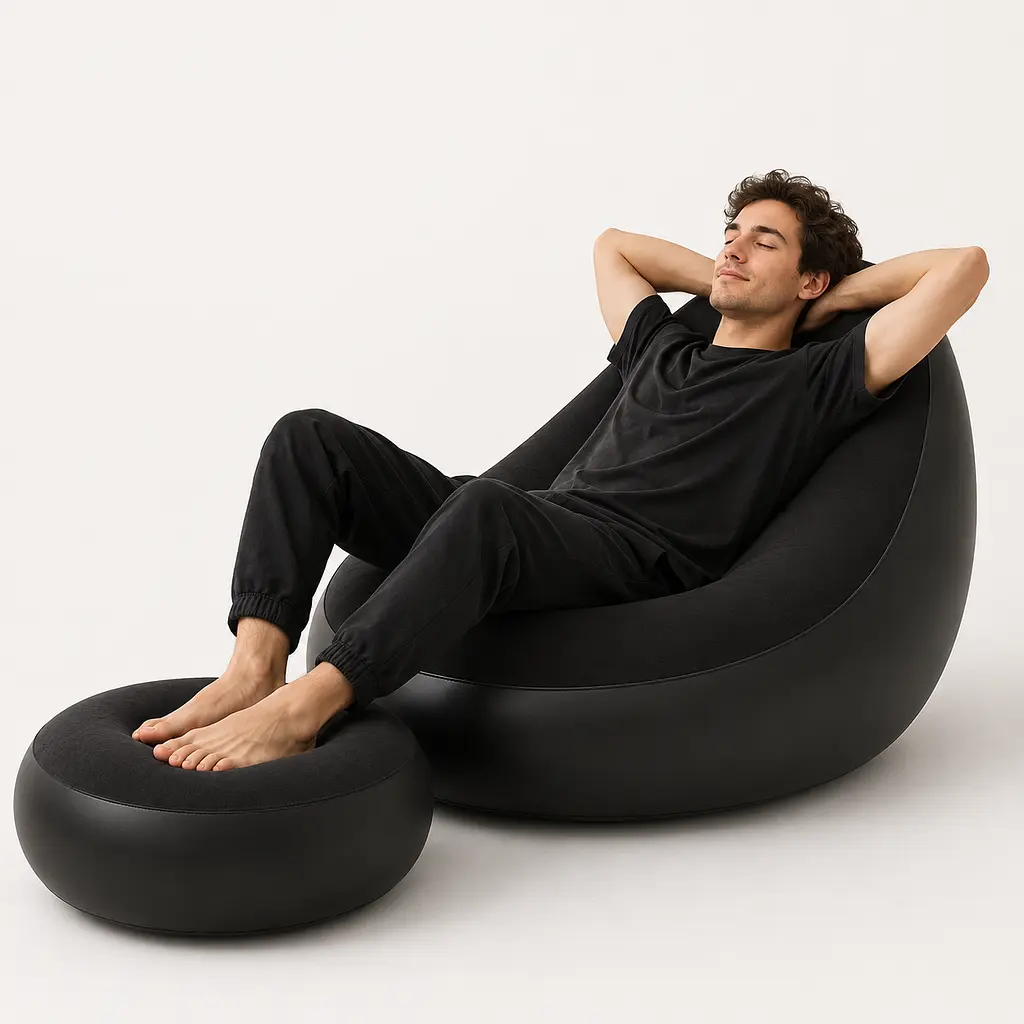 Надувний диван з пуфом Air Sofa / Надувне велюрове крісло з пуфом + насос Чорний - фото 4