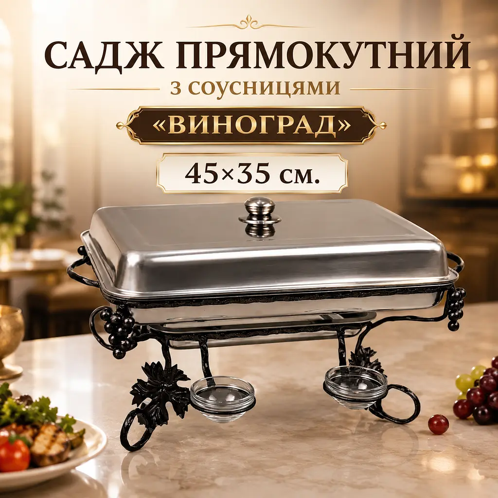 Садж прямокутний Виноград для подачі та підігріву шашлику 45х35 см з соусницями і кришкою - фото 4