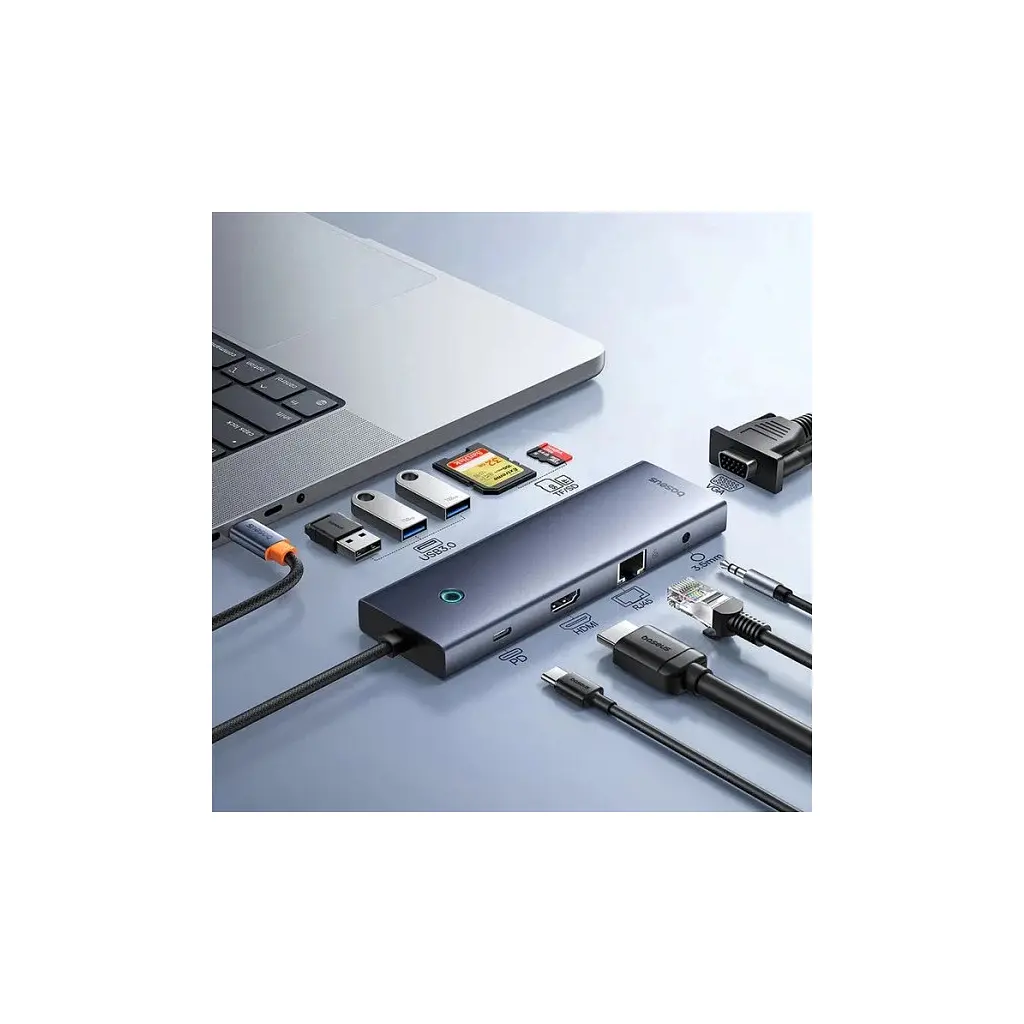 Концентратор Baseus USB-C 10-in-1 HDMI 4K60Hz + VGA + 3xUSB 3.0 + PD + RJ45 1000Mbps + SD/TF + 3.5mm gray (B0005280C811-00) - фото 7