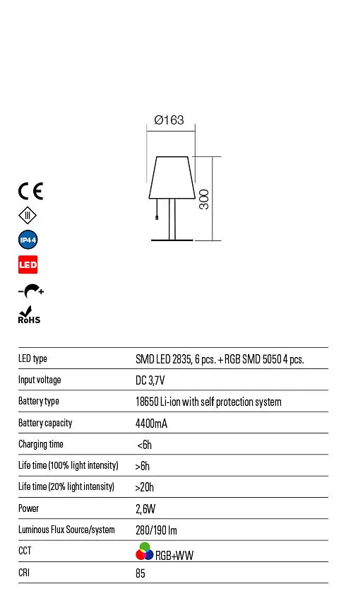 Світльник настільний вуличний PINO VE 0.30 M LED RGB+WW 2.6W IP44 SW(new)(5.1.2) Redo 90165 - фото 3
