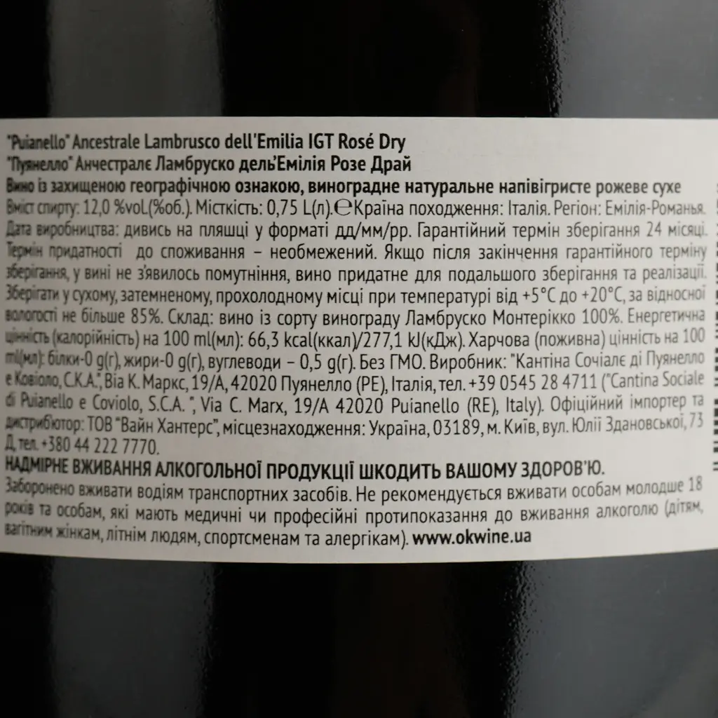 Вино игристое Puianello Ancestrale Lambrusco dell'Emilia IGT розовое сухое 0.75 л - фото 4
