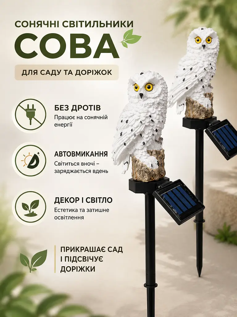 Декоративні газонні світильники Сови на сонячній батареї 2 шт для саду, дачі та клумби, білі (49676315) - фото 3