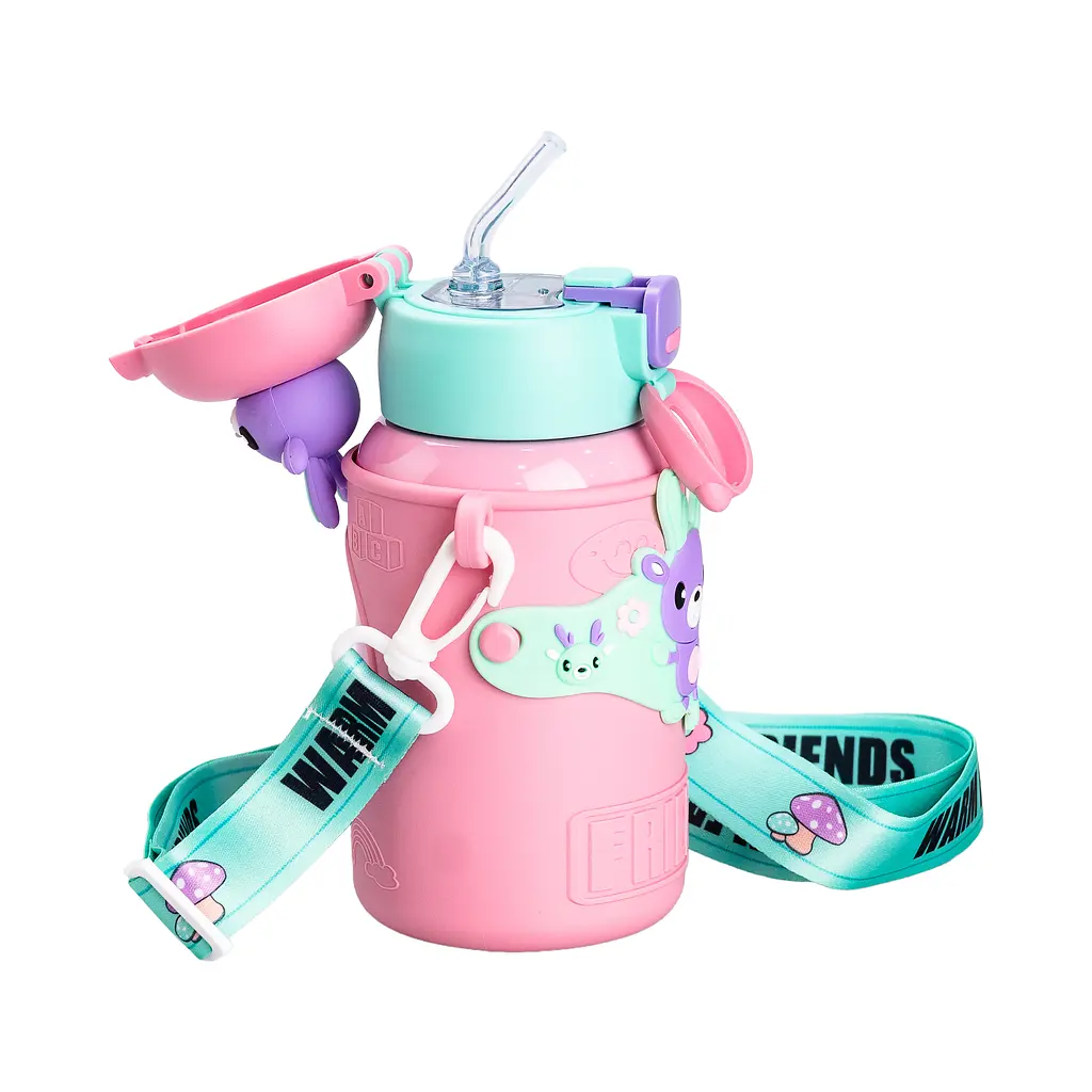 Термос детский Yiwu Warm Friends HP18308P со съемным силиконовым чехлом и ремешком 450 мл розовый - фото 2