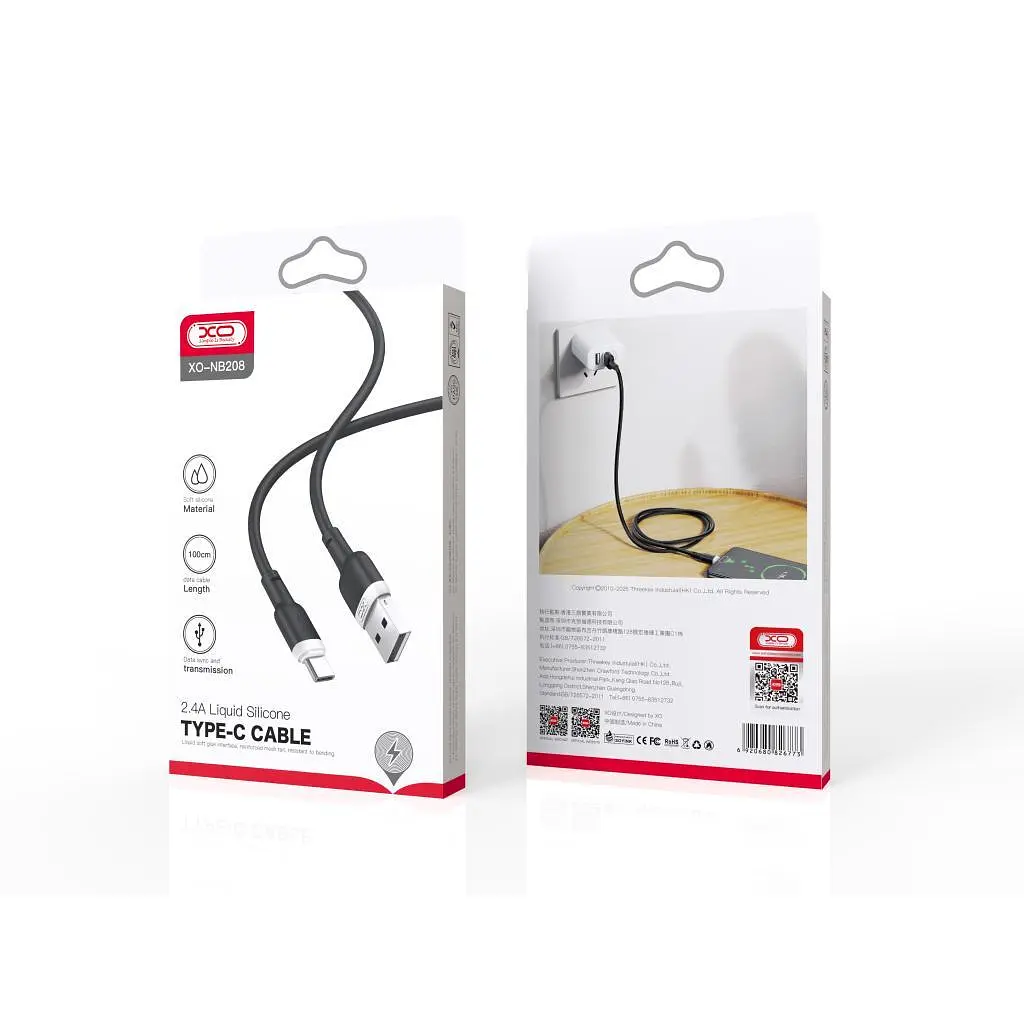 Дата кабель USB 2.0 AM to USB-C 1.0m 2.1A silicone black XO (NB208-TC-1-BK) - фото 2
