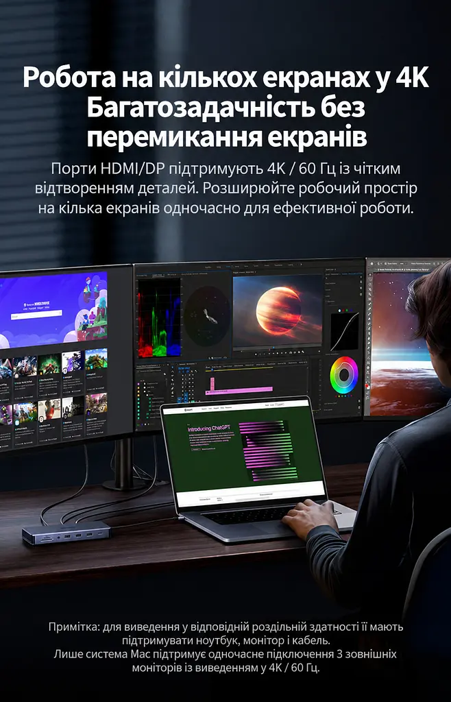 Док-станція USB-C UGREEN CM681 13 в 1 2 HDMI та DisplayPort кожен до 4K 60 Гц або 2K 144 Гц потрібен USB-C з DisplayPort MST темно-сірий (15978) - фото 15