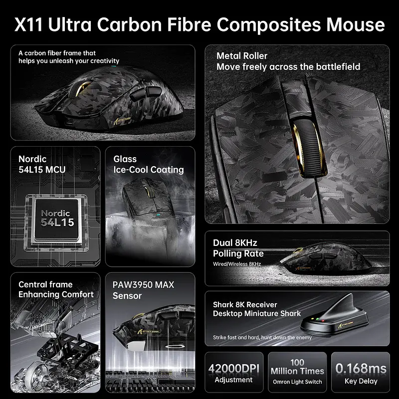 Игровая беспроводная мышка Attack Shark X11 ULTRA / Три режима подключения / Carbon Fiber / Сенсор PAW3950MAX / 42000 DPI / Black - фото 6