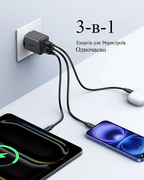 Зарядний пристрій UGREEN X515 GaNInfiniti 30W Fast Charger 3-Port для iPhone 16 15 14 Pro MAX, Samsung Galaxy, Xiaomi Tablet, iPad - фото 4