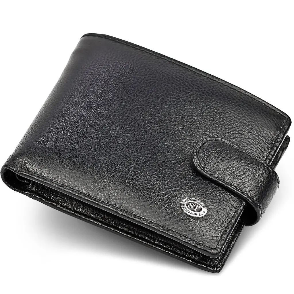 Шкіряне чоловіче портмоне на кнопці ST Leather ST-104-1 чорне 9,5 см - фото 11