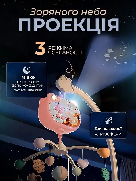 Дитячий мобіль на ліжечко карусель музична для немовлят з таймером проектором з пультом подарунок wtoys колискові мелодії рожевий  - фото 5