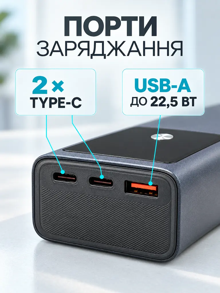 Зовнішній акумулятор 20000 мА·год PD 100W для ноутбука та смартфона темно-сірий (37261134) - фото 6