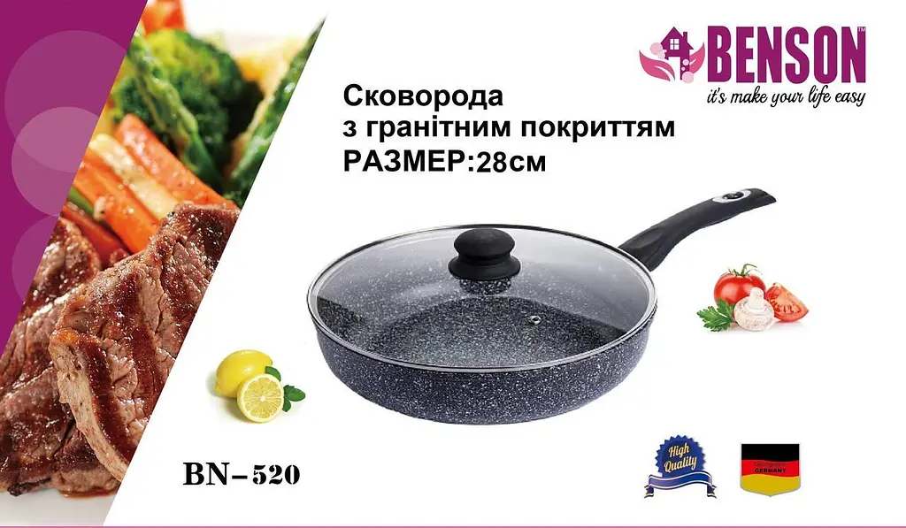 Сковорода глибока з нержавіючої сталі 28см із антипригарним гранітним покриттям та скляною кришкою Benson BN-520 - фото 5