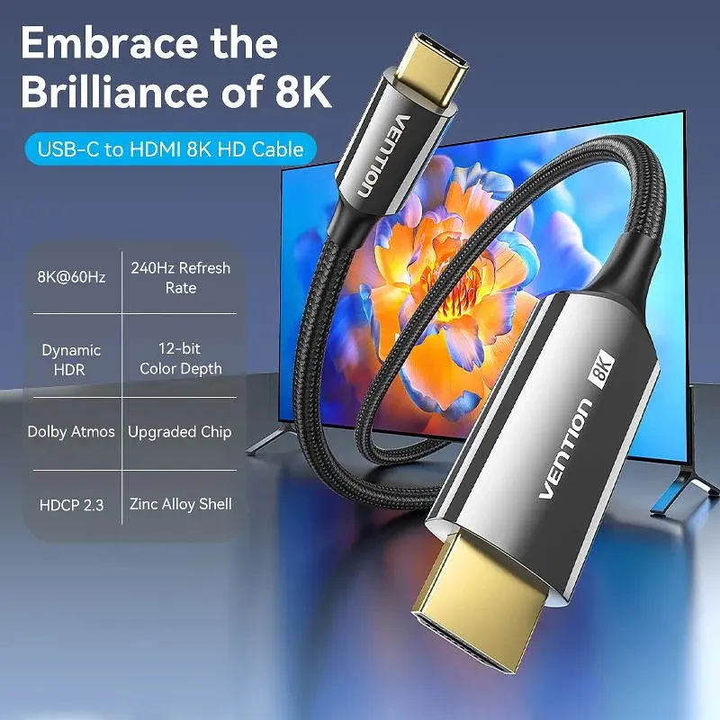 Кабель USB 3.1 Type-C M - HDMI M, 1.8m 8K 60 Гц Zinc Alloy TPE Black Vention - фото 5