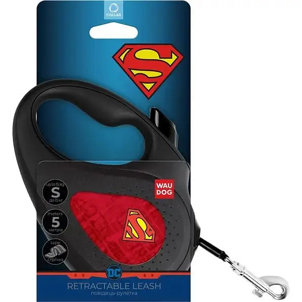 Поводок-рулетка для собак Waudog R-leash Супермен Лого Красный, светоотражающий, S, до 15 кг, 5 м, черный - фото 3