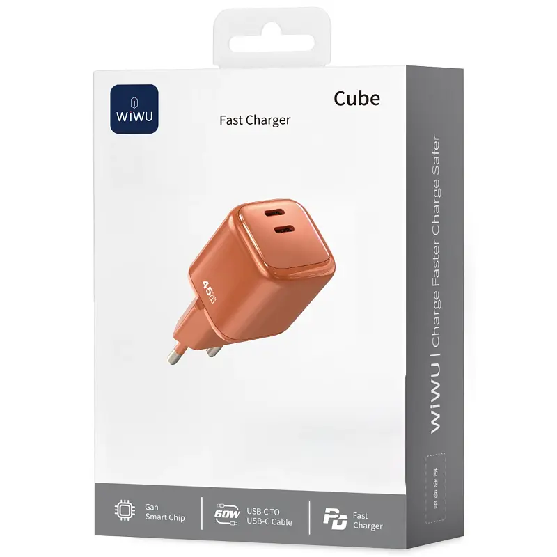 Мережевний зарядний пристрій WIWU G025 Cube PD45W 2USB-C + кабель Type-C to Type-C Orange - фото 2