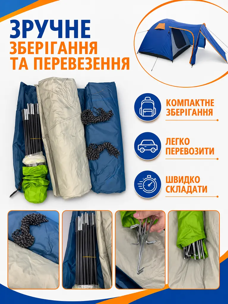 Намет туристичний двошаровий з тамбуром 470×240×170 см синьо-помаранчевий (49676041), Синій - фото 5