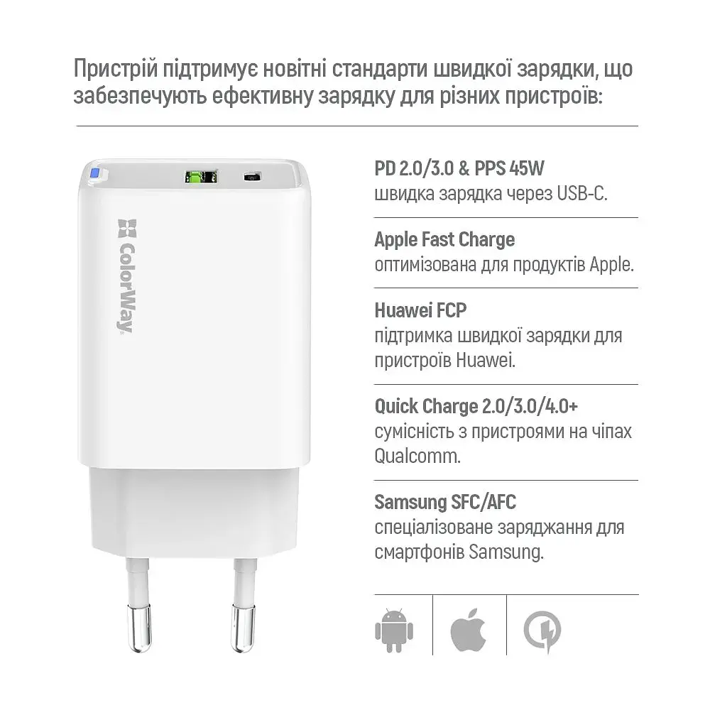 Зарядний пристрій ColorWay C101E GaN Mini 45W PD PPS USB-C + USB-A QC4.0 white (CW-CHS060PD-WT) - фото 8