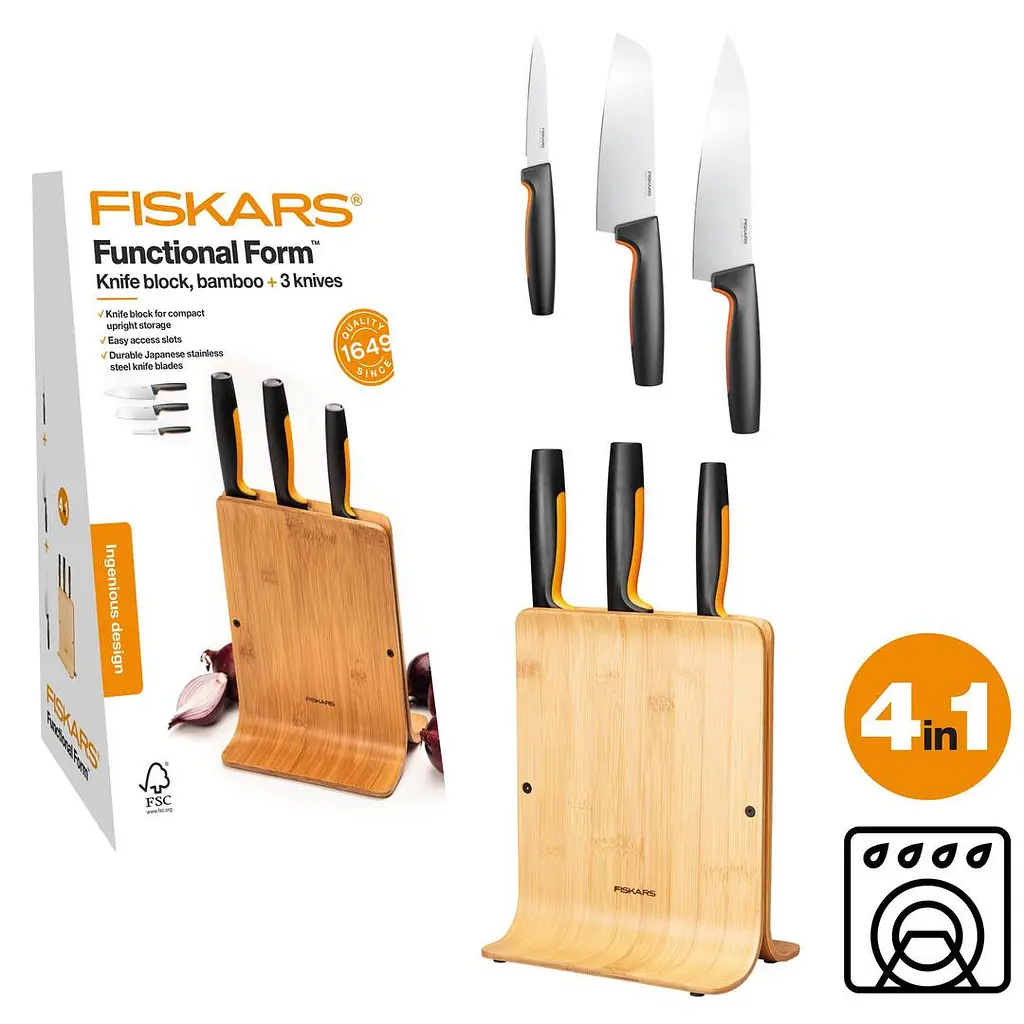 Набір кухонних ножів з бамбуковим блоком Fiskars Functional Form ™ 3 шт 1057553 - фото 2