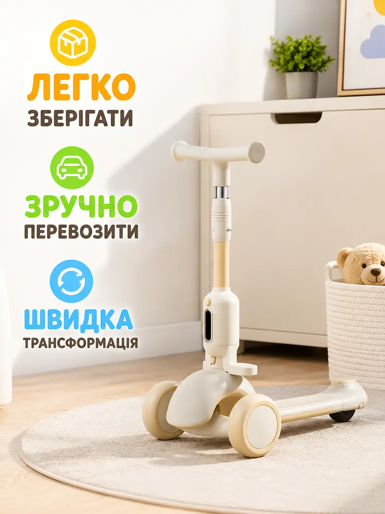 Дитячий самокат-трансформер 5в1 молочний із сидінням і батьківською ручкою (49675954) - фото 5