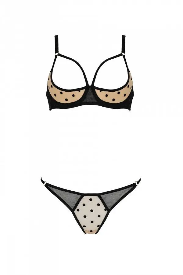 Еротичний комплект Passion MARINA SET WITH OPEN BRA, L/XL, beige, відкриті чашки - фото 3