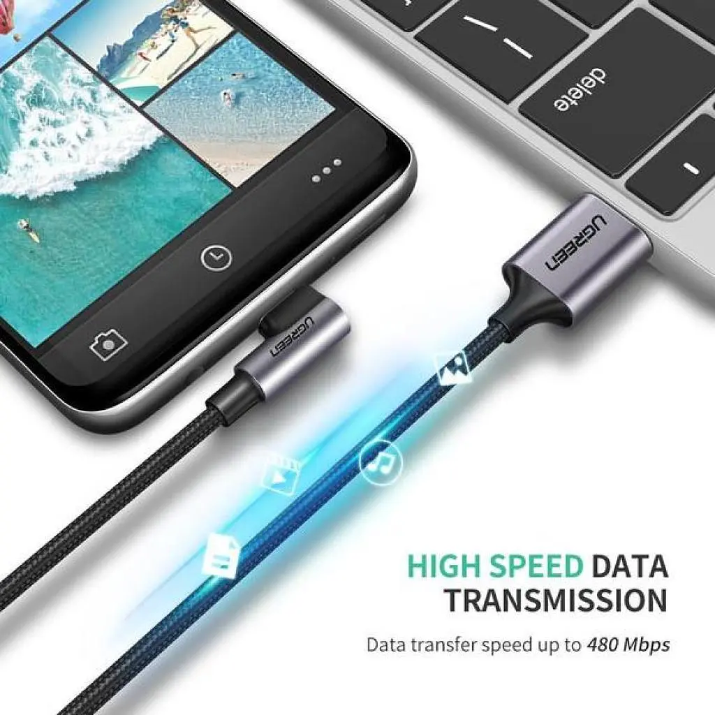 Дата кабель USB 2.0 AM to USB-C 1.0m US284 Angled Alum. Braid Black Ugreen (50941) - фото 4