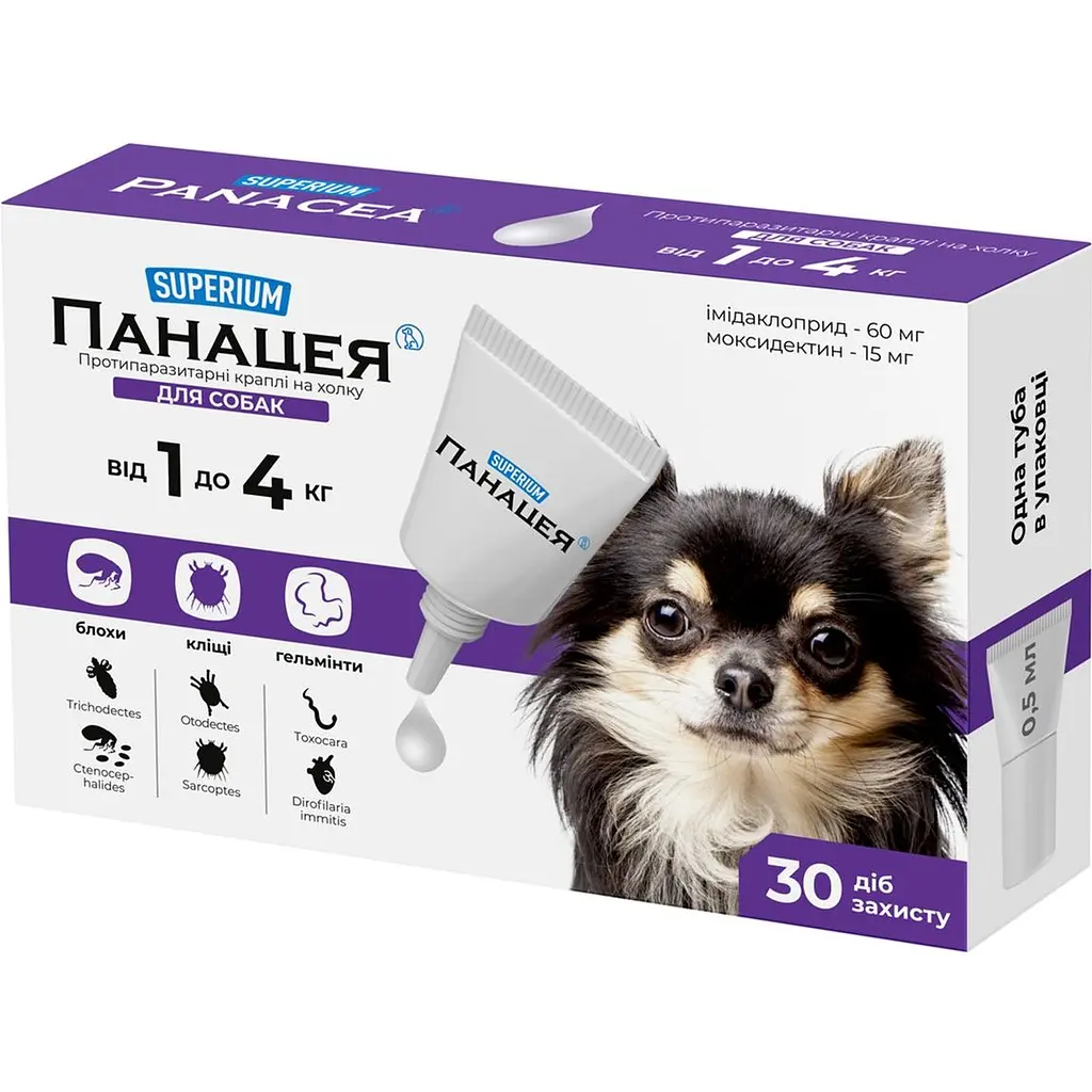 Противопаразитарные капли Superium Панацея на холку для собак 1-4 кг 0.5 мл - фото 2