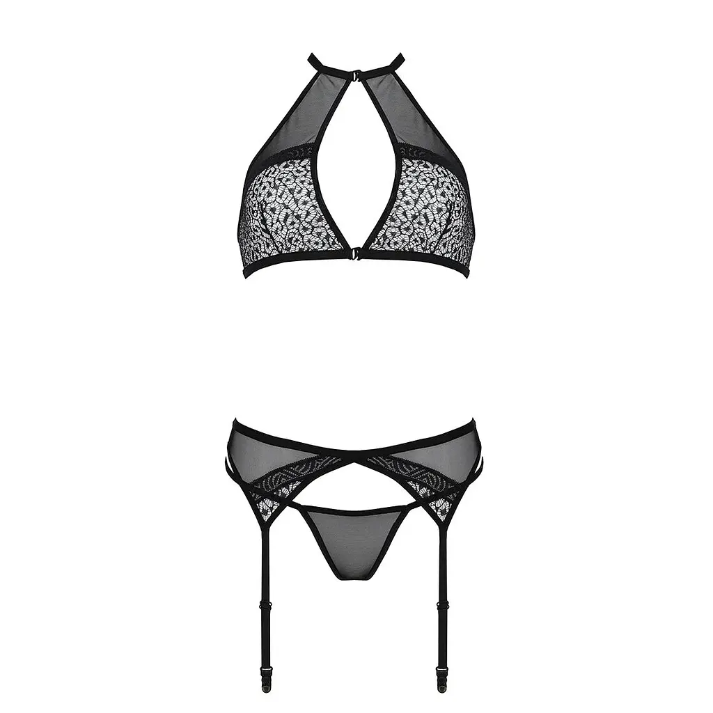 Комплект білизни Passion SATARA SET S/M black, топ, пояс для панчіх, стрінги - фото 3