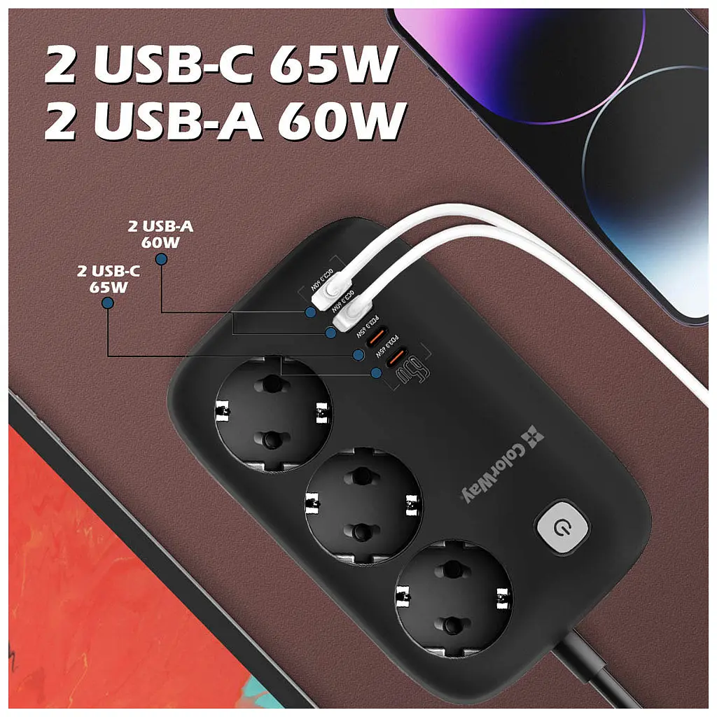 Мережевий фільтр живлення ColorWay CW-CHE34PDB 3 роз/4USB GaN3 Pro (CW-CHE34PDB) - фото 8