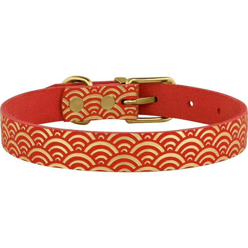 Ошейник для собак BronzeDog Barksi Classic Море кожаный одинарный с золотым тиснением M 28-36х1.7 см красный - фото 2