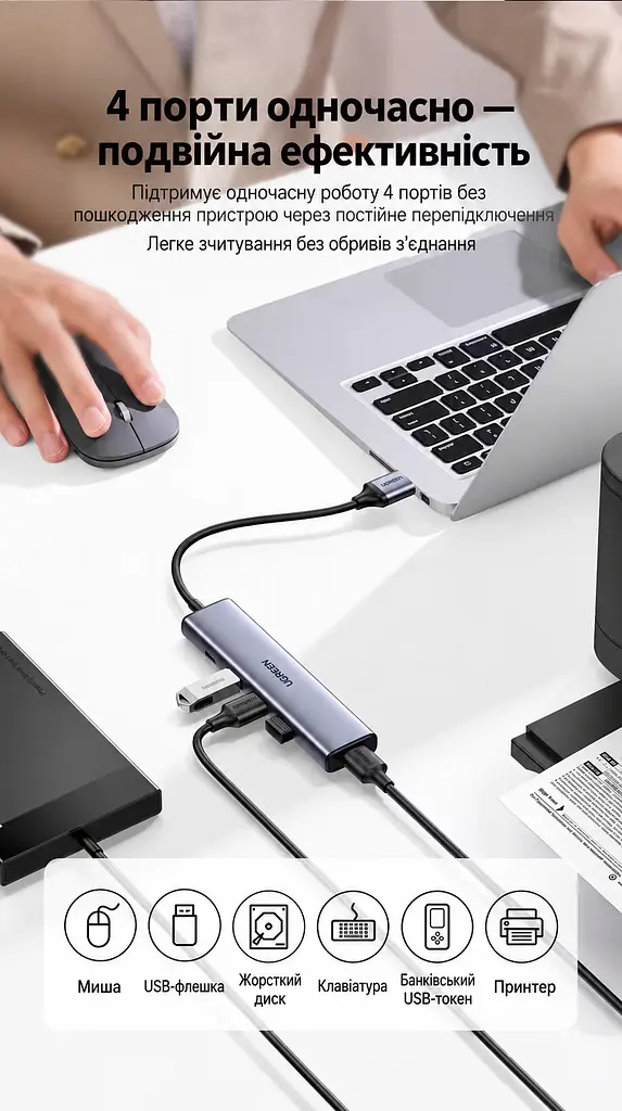USB-C хаб для периферії UGREEN CM473 концентратор вхід USB-C для хоста та 4 вихідні порти USB-A 3.0 передавання даних до 5 Гбіт/с вбудований кабель 0,2 м кабель в обплетенні без окремого порту живлення для телефонів і планшетів із USB-C та підтримкою OTG одночасна робота всіх 4 портів працює без встановлення драйверів сумісність із ОС Windows Mac OS і Linux корпус космічного сірого кольору з чорним кабелем і чорними деталями (20841) - фото 15