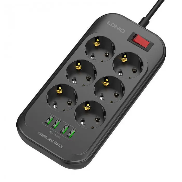 Мережевий фільтр подовжувач 6 розеток з 4 USB 2м із захистом та заземленням чорний LDNIO SE 6403 2500W 10A - фото 2