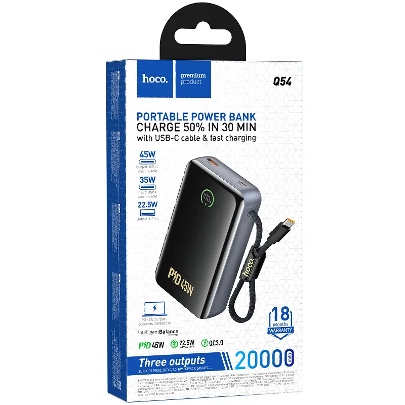 Портативний ЗП Power Bank Hoco Q54 Shine PD45W with cable 20000 mAh Metal gray - фото 2