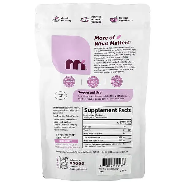 Лецитин Sunflower Lecithin 240 рідких капсул Micro Ingredients vit0005544 - фото 2