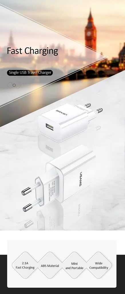 Зарядний пристрій Usams T21 Charger kit T18 Single USB 2.1A with Lightning Cable white - фото 2