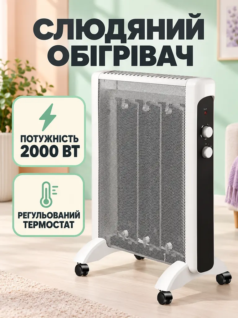 Обігрівач електричний слюдяний 2000 Вт безшумний з термостатом і захистом від перекидання (52836218) - фото 2
