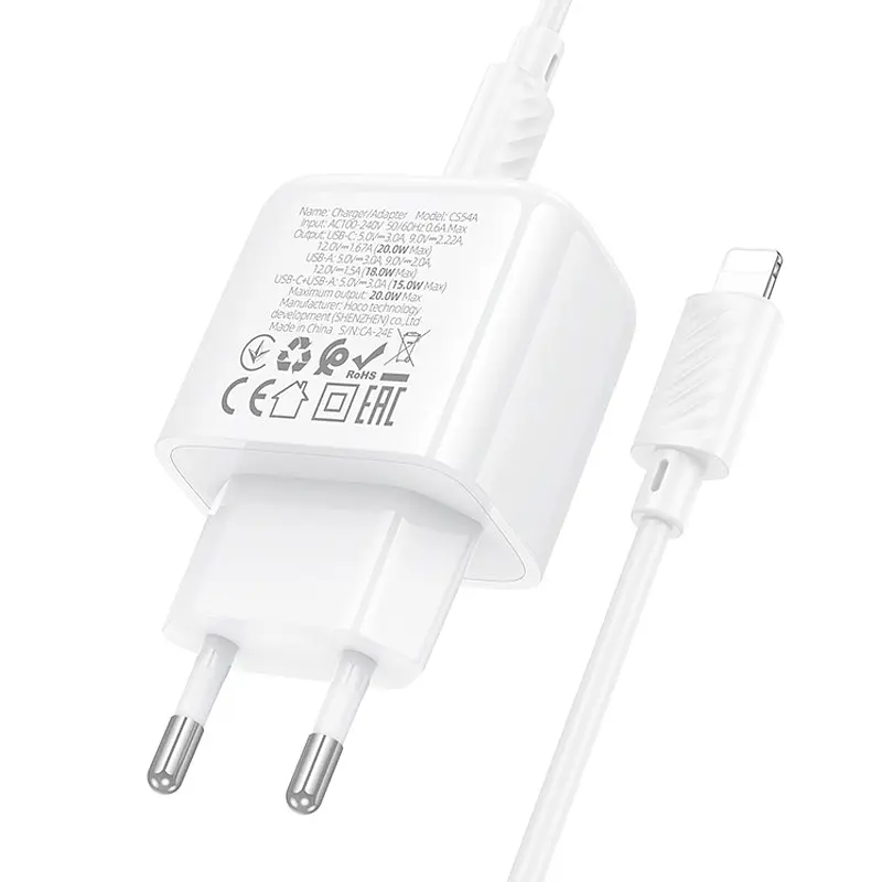 МЗП Hoco CS54A Surplus PD20W+QC3.0 (1USB-A/1C) + Type-C to Lightning White - фото 7