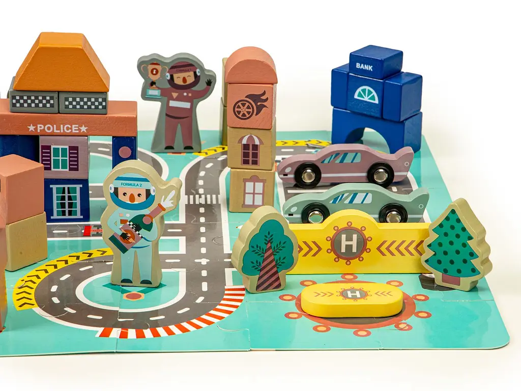 ​Деревянные кубики с ковриком Ecotoys Разноцветный город, 161 шт. (PH05D012) - фото 3