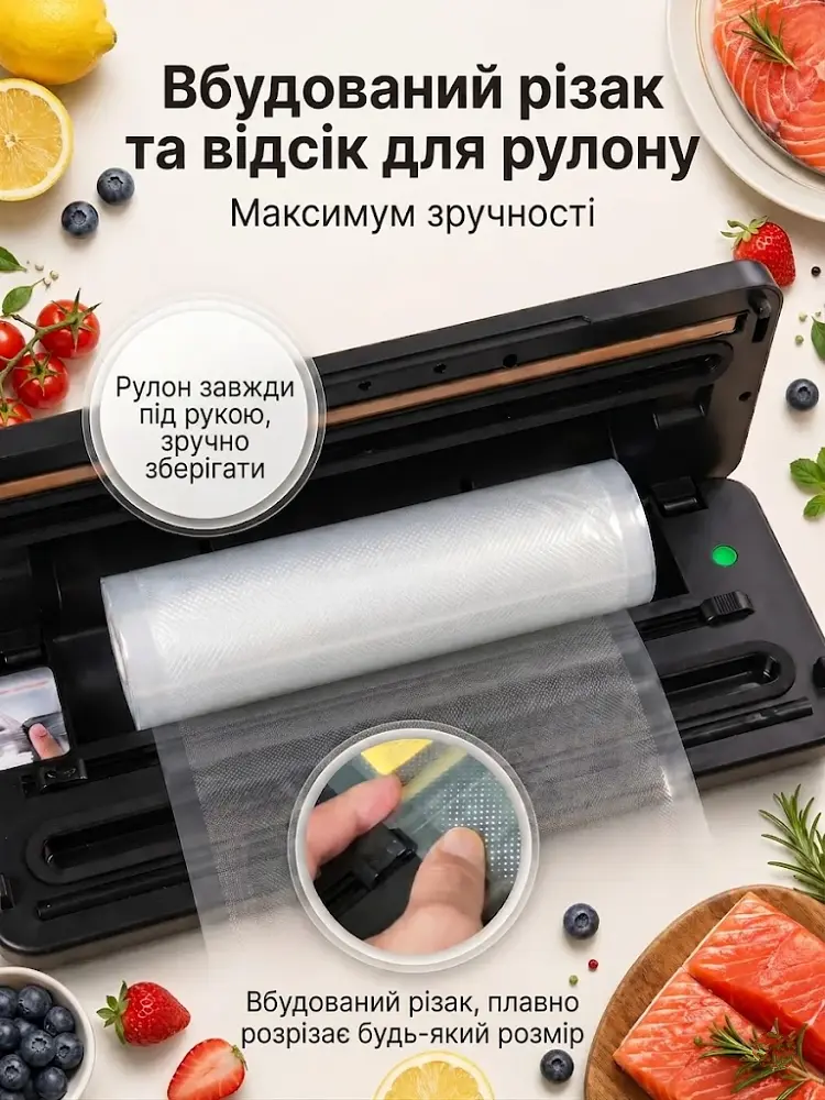 Професійний Вакууматор для продуктів, Zepline 4.0, 200 Вт Кухонний вакуумний пакувальник, Вакууматор для їжі, Вакуматор, Спаювач, рулон + пакети для вакуумування харчові - фото 3