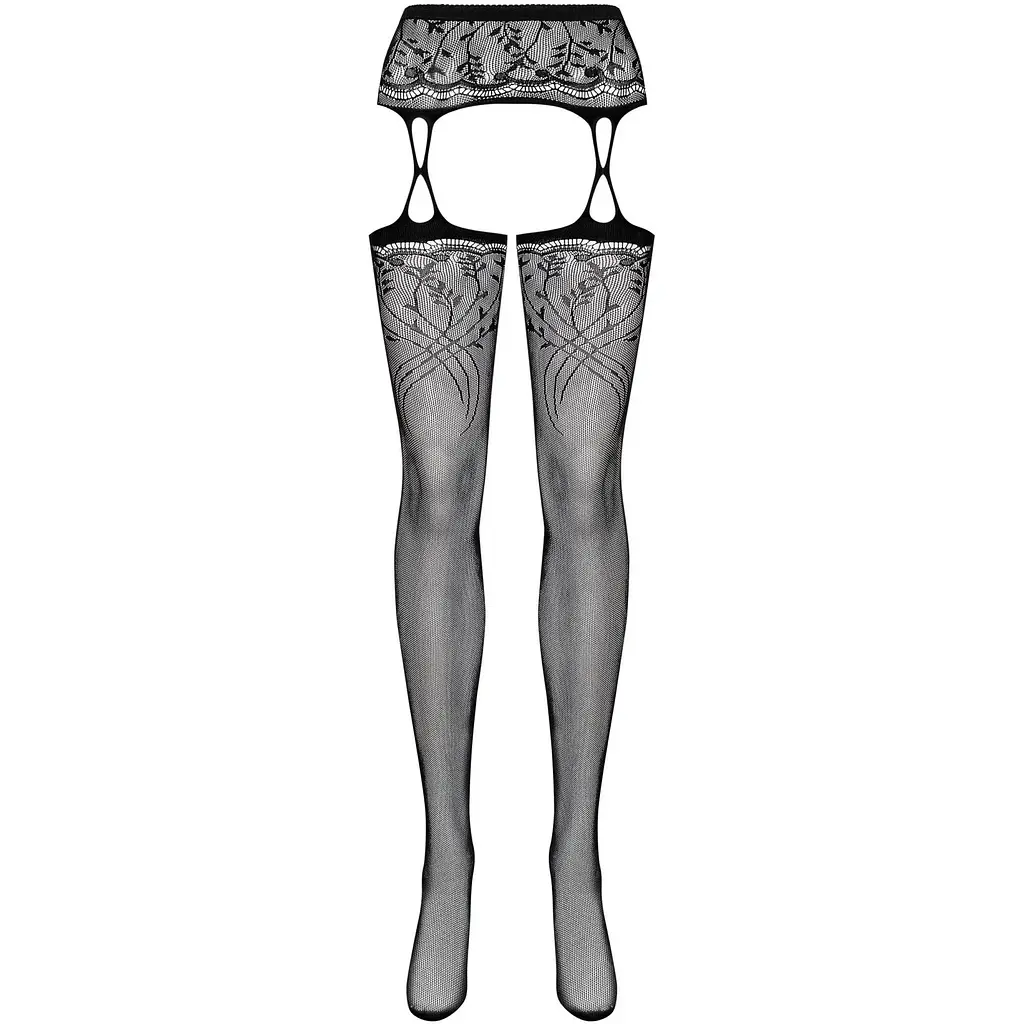 Панчохи-стокінги з рослинним малюнком Obsessive Garter stockings S206 Black S/M/L чорні - фото 5