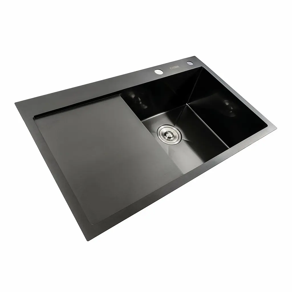 Кухонна мийка чорна PVD 78x48 R Platinum Handmade (два отвори, круглий сифон 3,0/0,8), Чорний - фото 3