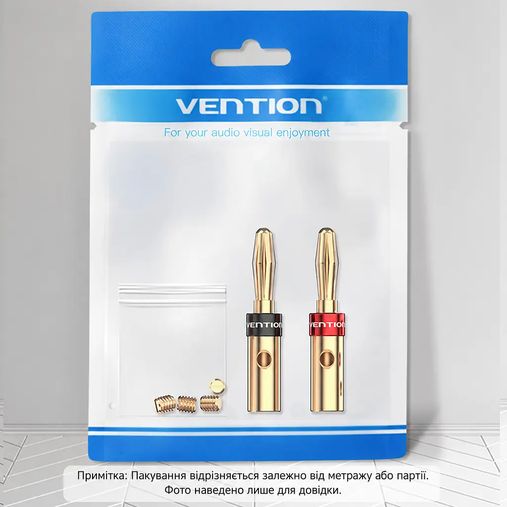 Акустичні штекери «банан» Vention 2 шт Banana plug із гвинтовим затискачем без паяння із позолотою із червоним і чорним маркуванням полярності 4 фіксуючі гвинти в комплекті золотисті (BFDJ0-2) - фото 2
