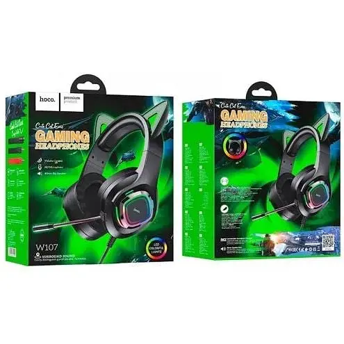 Навушники Hoco W107 Cute Cat Luminous Cat Ear Gaming Headphones чорно-зелені 6931474791269 - фото 9