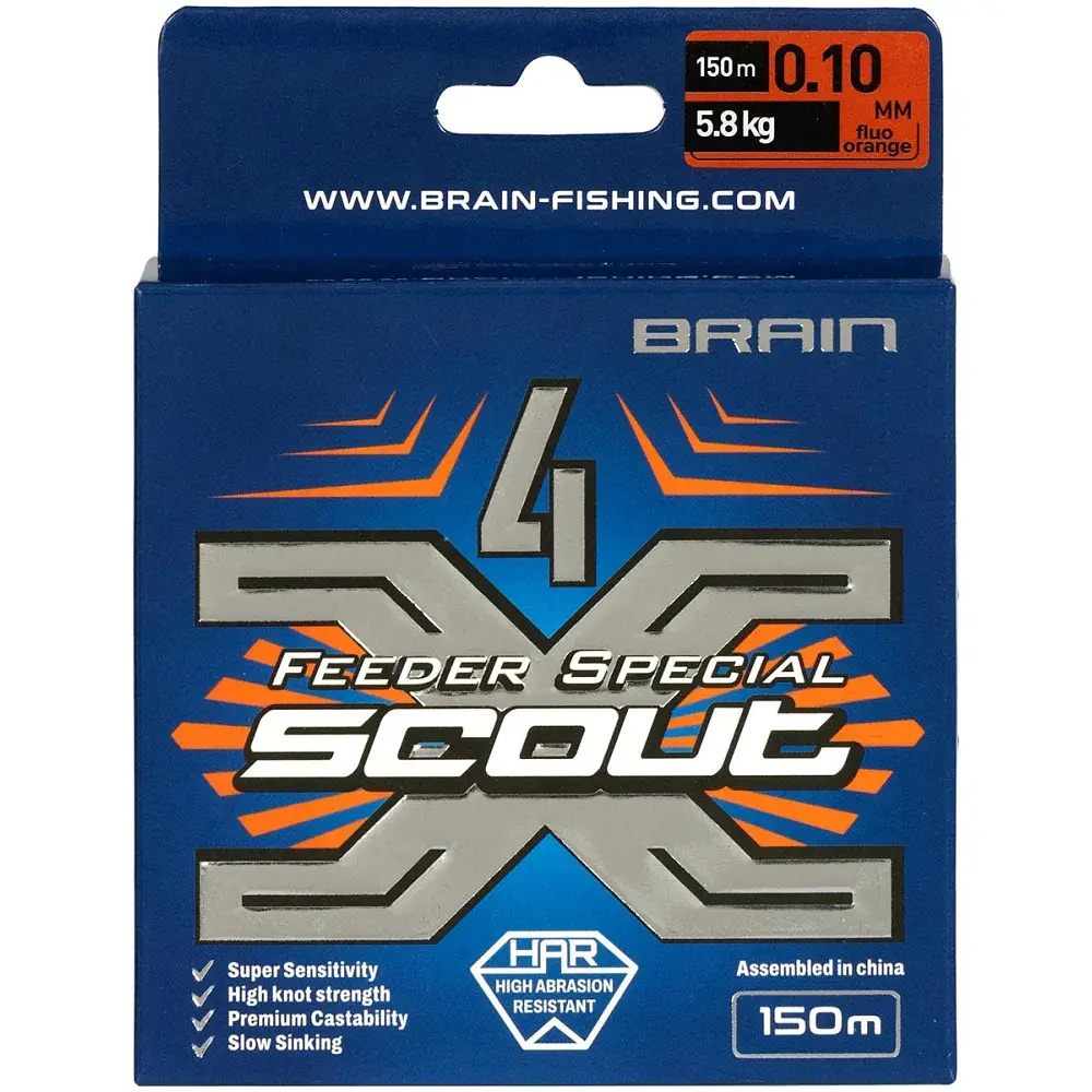 Шнур Brain Scout 4X 150 м (fluoro Orange) 0.100 мм 5.8 кг - фото 2