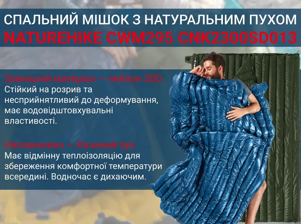 Спальник Naturehike CWM400 (CNK2300SD013) +6°C - з натуральним пухом - темно-блакитний - фото 7