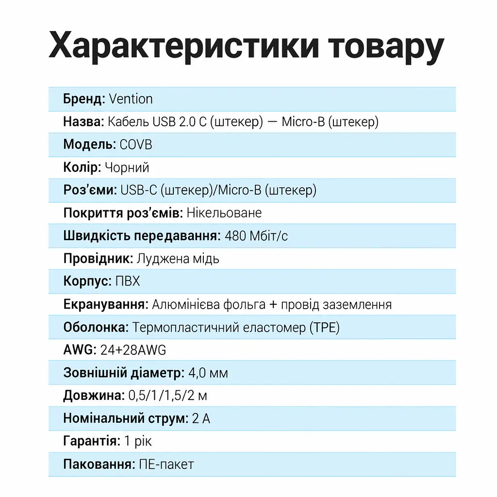 Кабель Vention COVBD USB-C - Micro-USB 0,5 м чорний (COVBD) - фото 11
