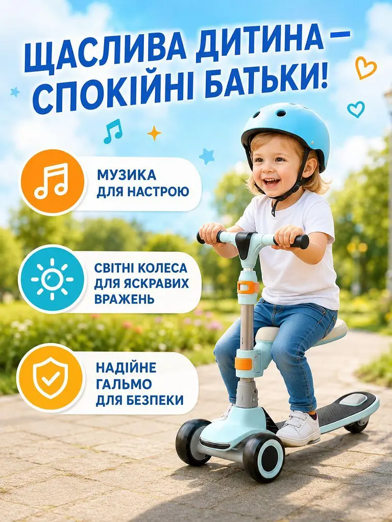 Дитячий самокат-біговел 2в1 блакитний із сидінням музикою та підсвічуванням коліс (49675960) - фото 8