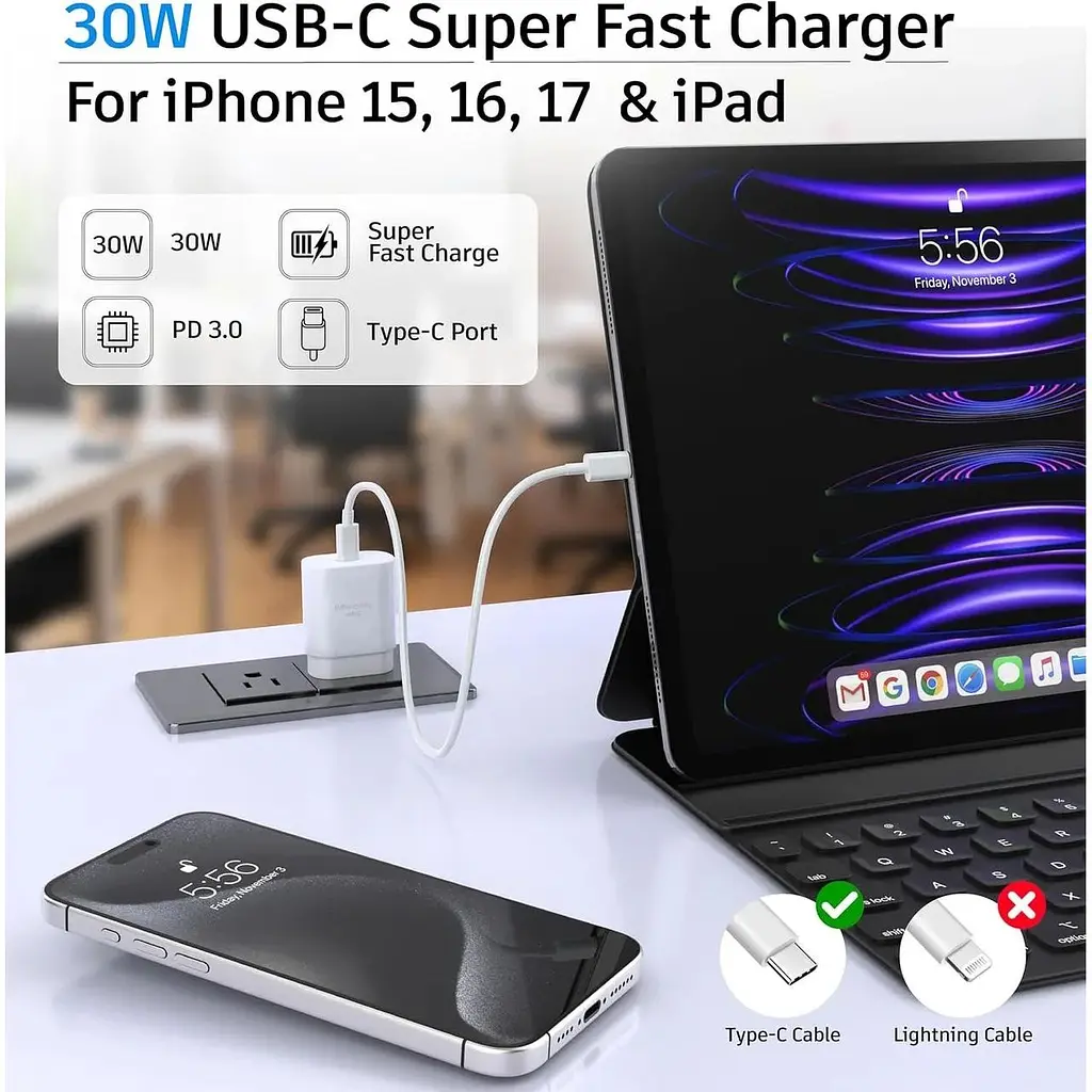 Блок живлення USB C для надшвидкого заряджання 30 Вт PD для iPhone 17/17 A - фото 4