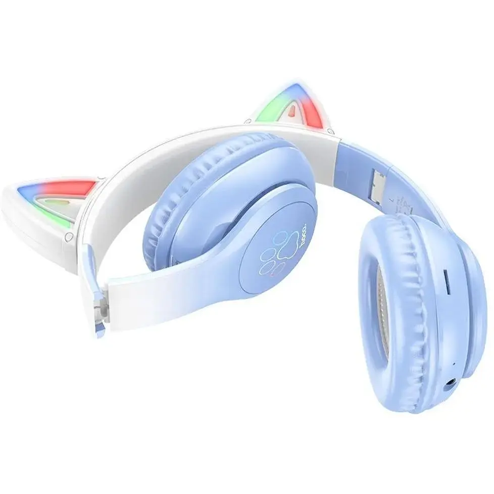 Bluetooth наушники накладные Hoco w42 cat ear с подсветкой голубые - фото 2